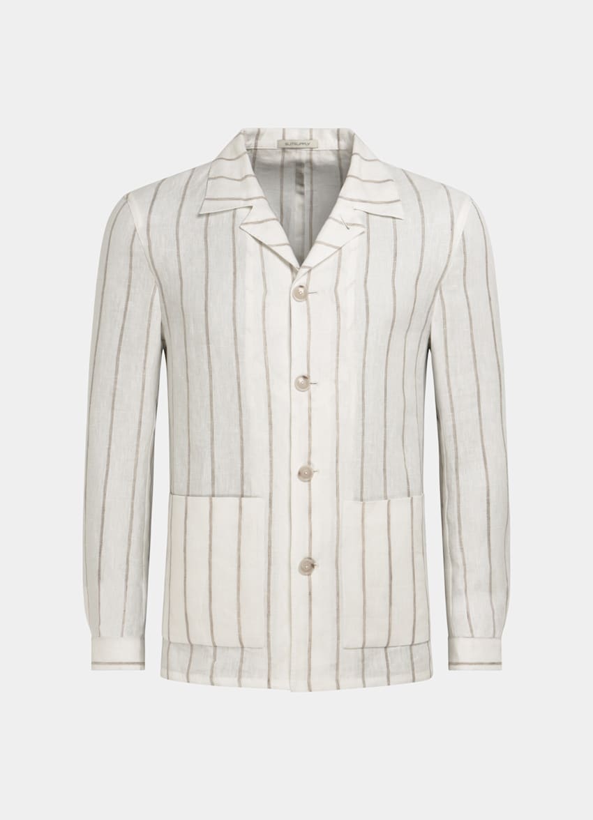 SUITSUPPLY Rent linne från Drago, Italien Randig ljusbrun skjortjacka med relaxed fit