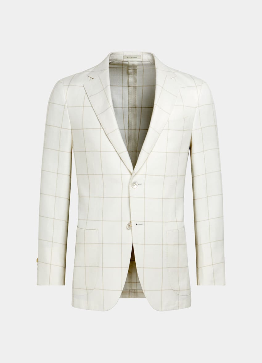 SUITSUPPLY Wool Silk Linen by E.Thomas, Italy Off-White Checked Havana Blazer