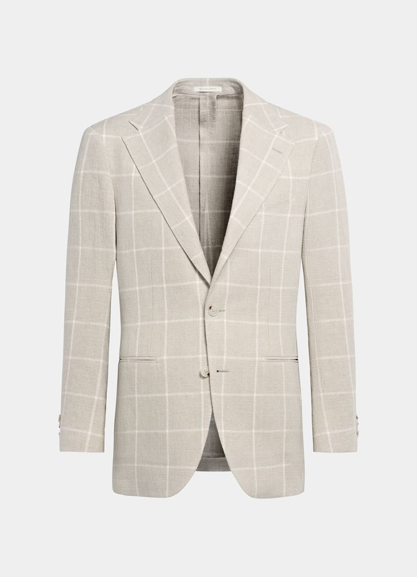SUITSUPPLY Pure Linen by Leomaster, Italy Light Taupe Checked Relaxed Fit Roma Blazer