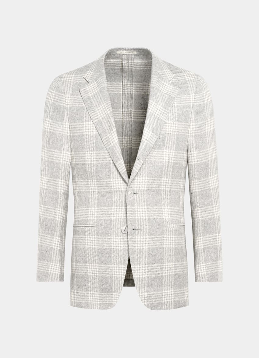 SUITSUPPLY Wool Silk Linen by Ferla, Italy Light Grey Checked Tailored Fit Havana Blazer