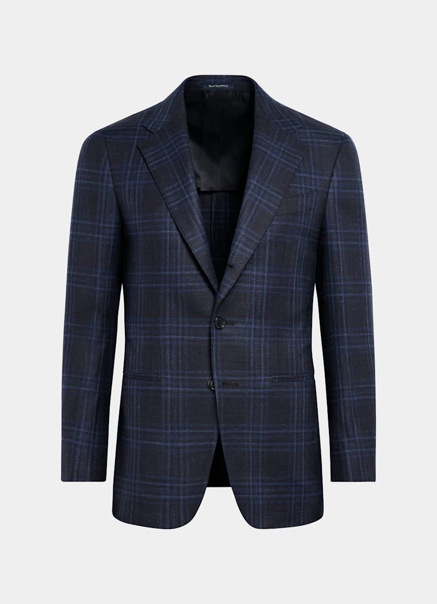 SUITSUPPLY All Season Wool Silk Linen by Carlo Barbera, Italy Navy Checked Tailored Fit Havana Blazer