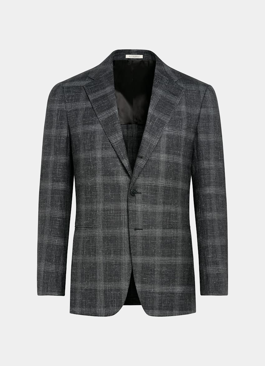 SUITSUPPLY All Season Wool Silk Linen by Carlo Barbera, Italy Grey Checked Tailored Fit Havana Blazer