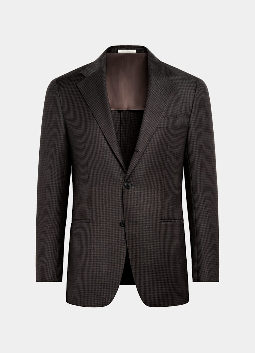 SUITSUPPLY Winter Wool Mohair by Delfino, Italy Dark Brown Houndstooth Tailored Fit Havana Blazer