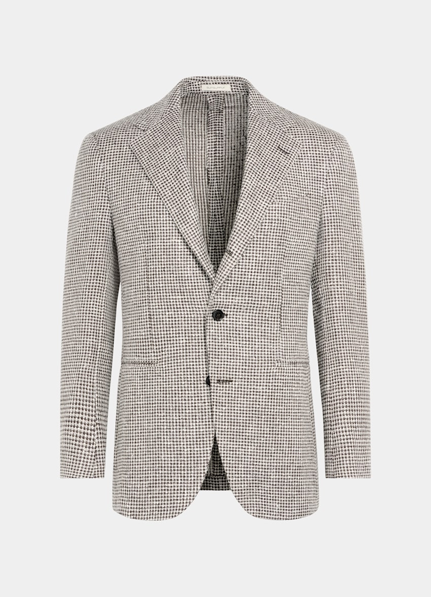 SUITSUPPLY Summer Linen Silk Cotton Blend by Ferla, Italy Mid Brown Checked Relaxed Fit Roma Blazer