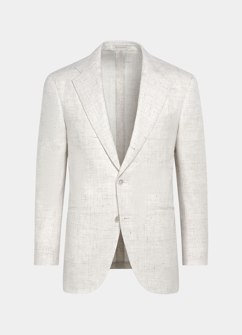 SUITSUPPLY Summer Linen Cotton Blend by Ferla, Italy Light Grey Checked Relaxed Fit Roma Blazer
