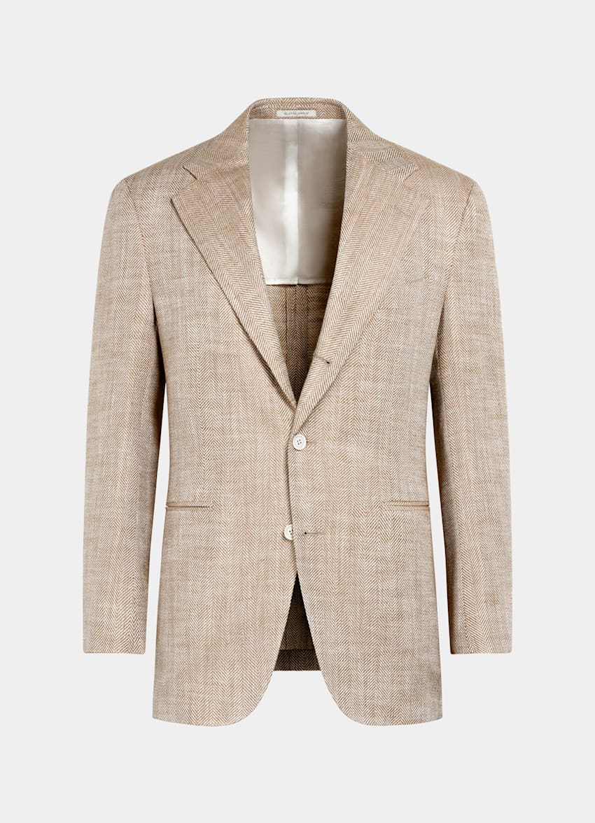 SUITSUPPLY Summer Silk Linen Cotton Blend by Ferla, Italy Light Brown Herringbone Relaxed Fit Roma Blazer