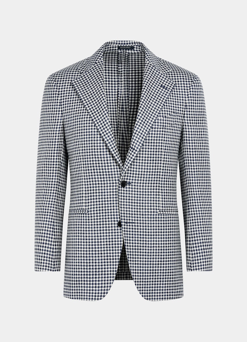 SUITSUPPLY Summer Wool Silk Linen by Marling & Evans, United Kingdom Navy Houndstooth Relaxed Fit Roma Blazer