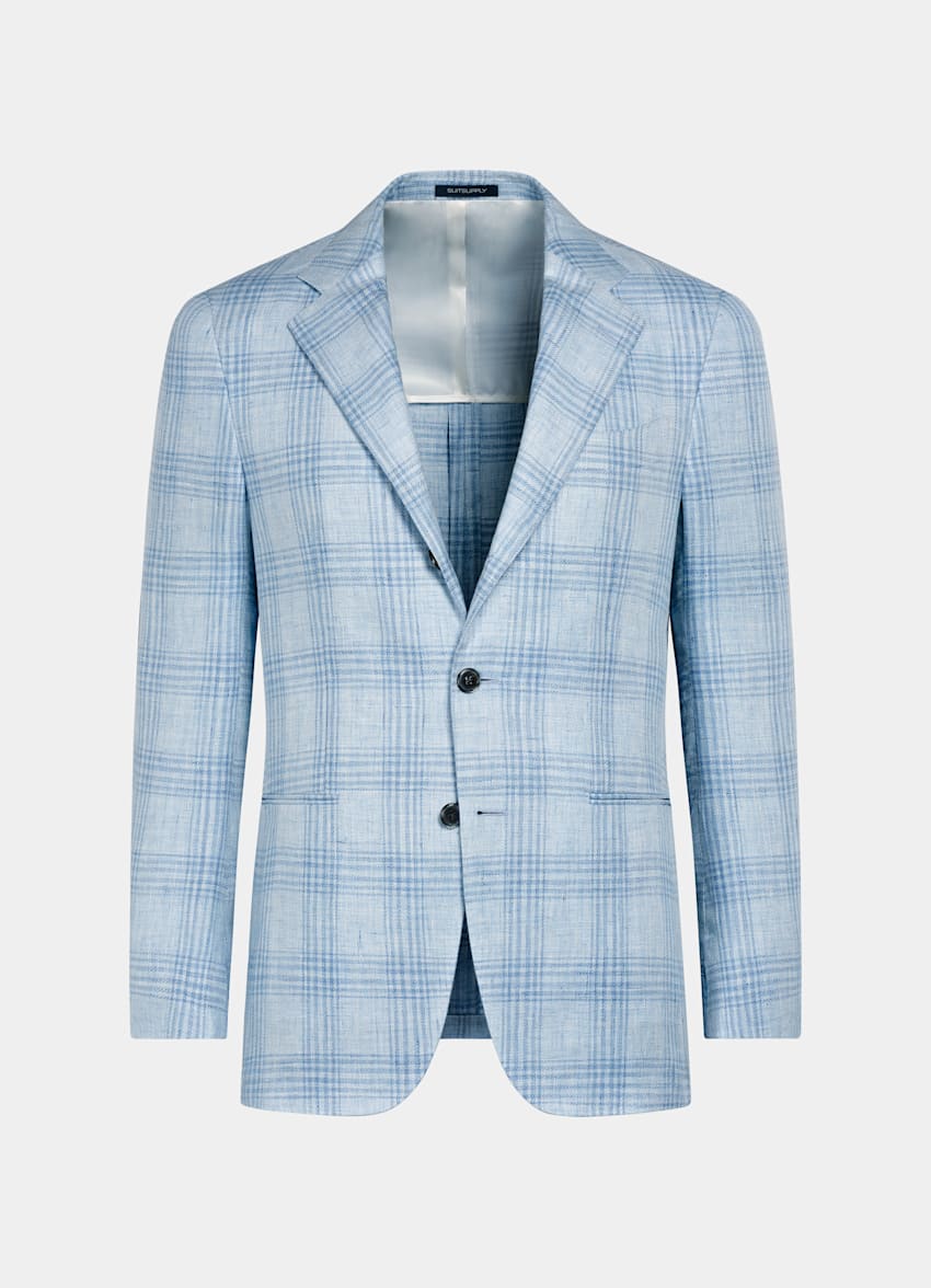 SUITSUPPLY Summer Pure Linen par Lanificio Ermenegildo Zegna, Italie Light Blue Checked Tailored Fit Havana Blazer