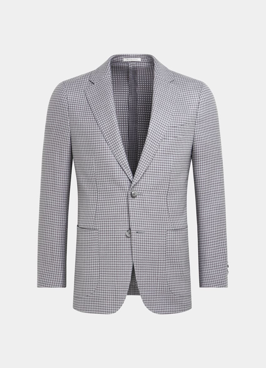 SUITSUPPLY Wool Silk Linen by Rogna, Italy Purple Houndstooth Tailored Fit Havana Blazer