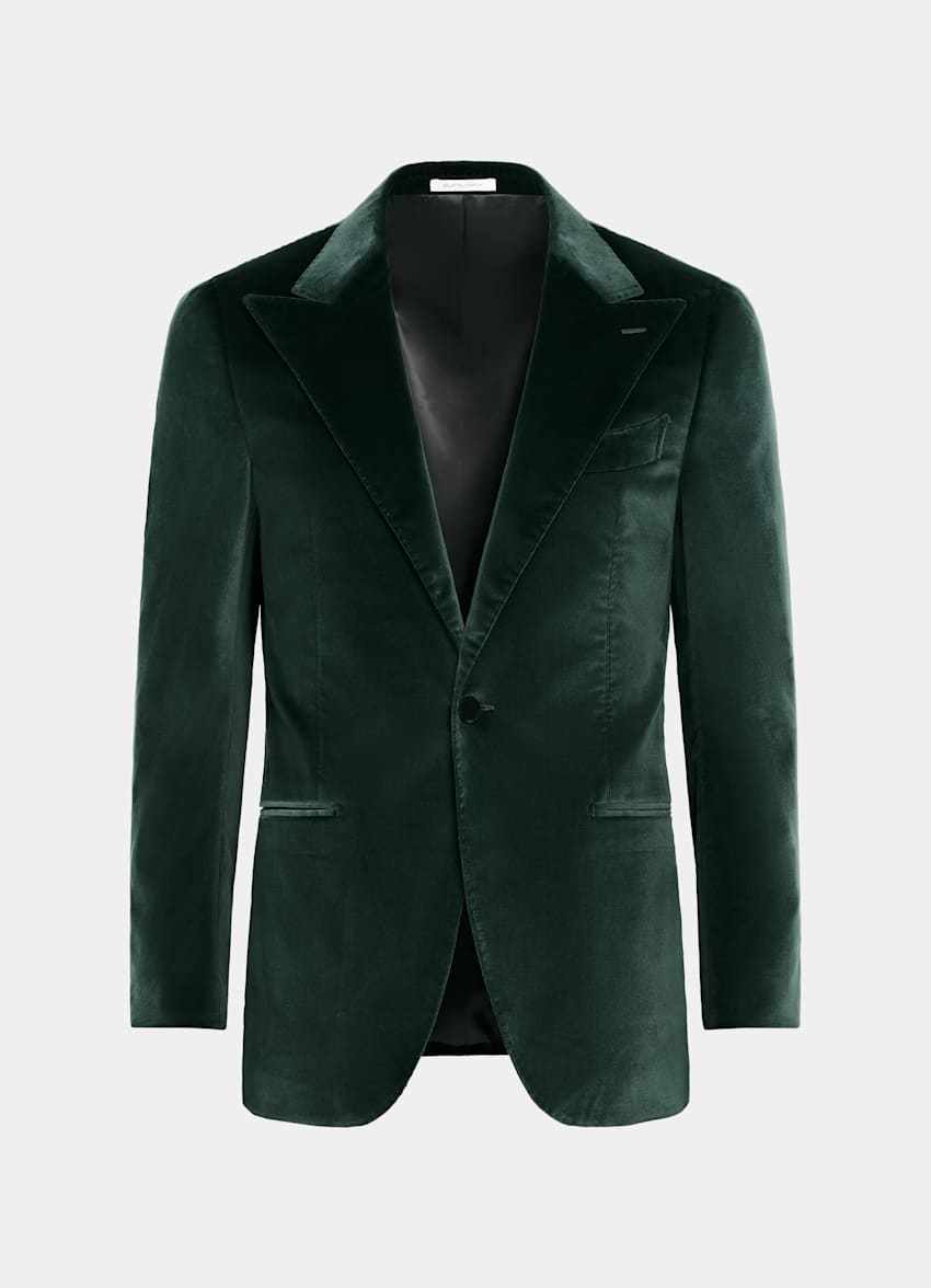 SUITSUPPLY Winter Stretch Cotton Velvet by Pontoglio, Italy Dark Green Tailored Fit Havana Dinner Jacket