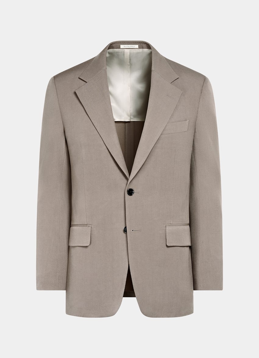 SUITSUPPLY All Season Wrinkle-Free 4-Ply Wool by Rogna, Italy Mid Taupe Relaxed Fit Roma Suit Jacket