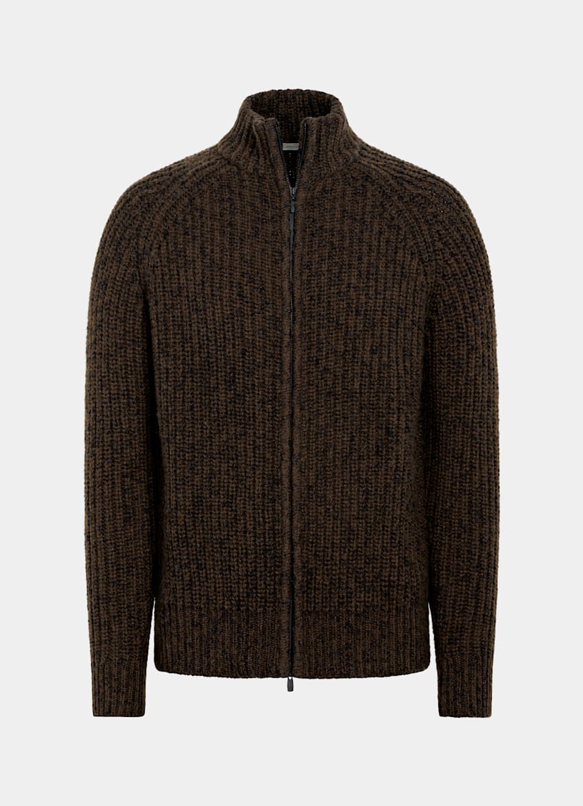 SUITSUPPLY Wool Cotton Mid Brown Ribbed Moulin&eacute; Zip Cardigan