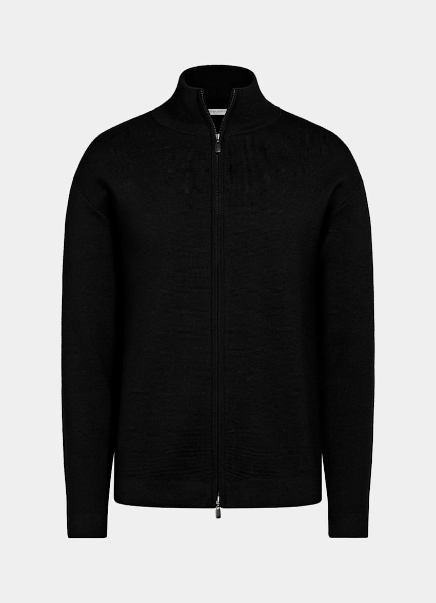 SUITSUPPLY Pure Wool Black Merino Zip Cardigan