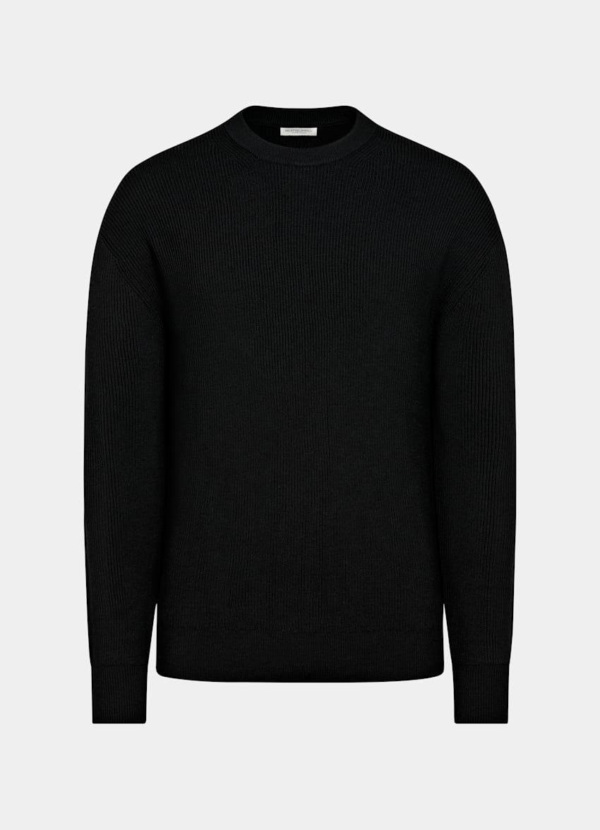 SUITSUPPLY Pure Wool Black Ribbed Merino Crewneck