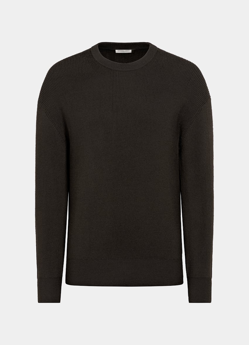 SUITSUPPLY Pure Wool Dark Brown Ribbed Merino Crewneck