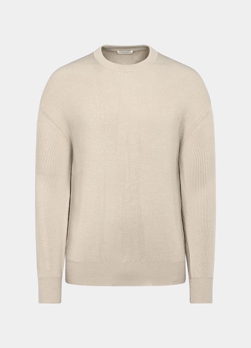 SUITSUPPLY Pure Wool Light Brown Ribbed Merino Crewneck