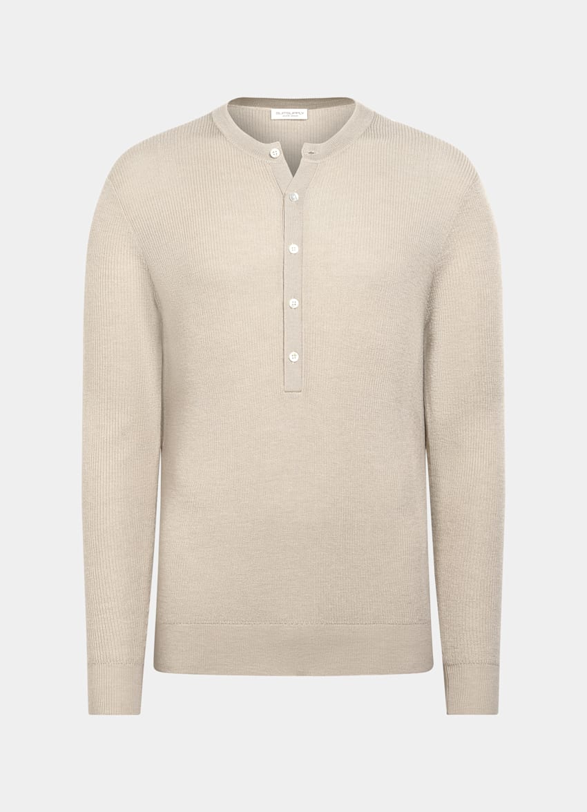 SUITSUPPLY Pure Wool Light Brown Ribbed Henley