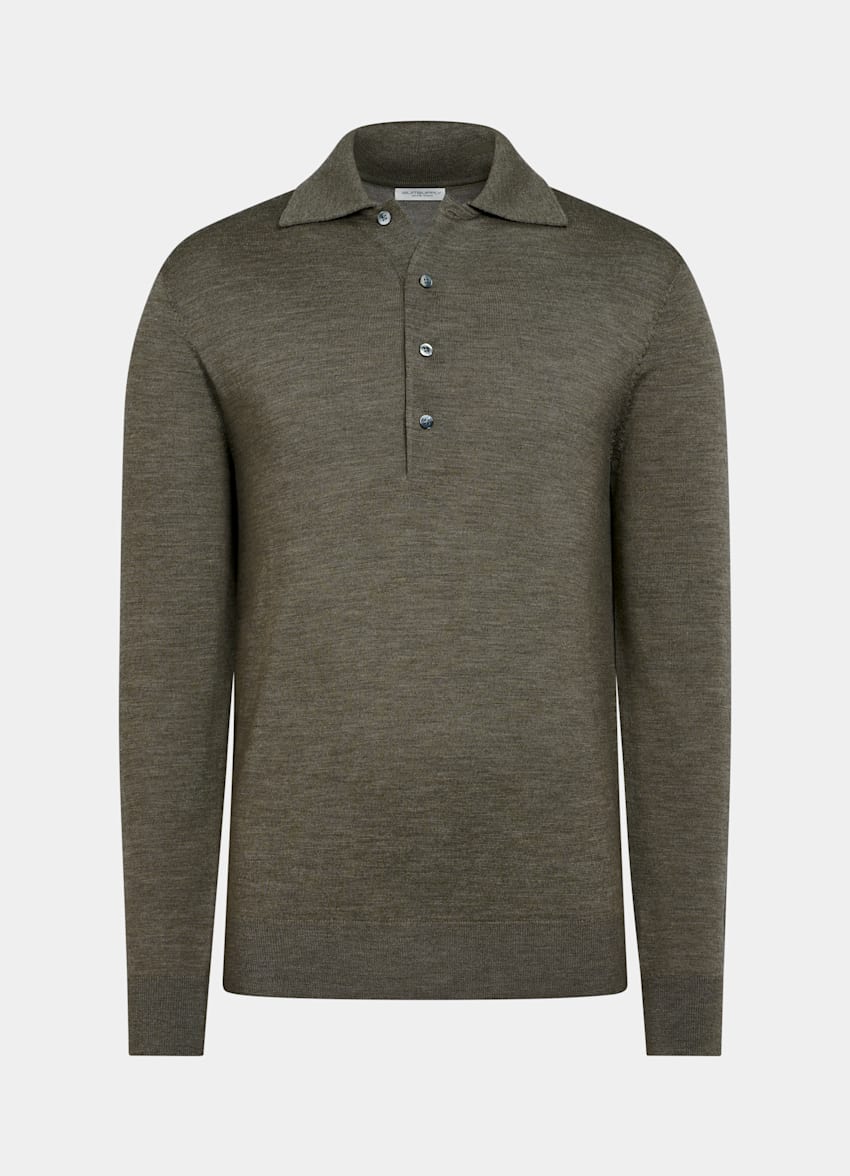 SUITSUPPLY Pure Wool Mid Green Merino Long Sleeve Polo