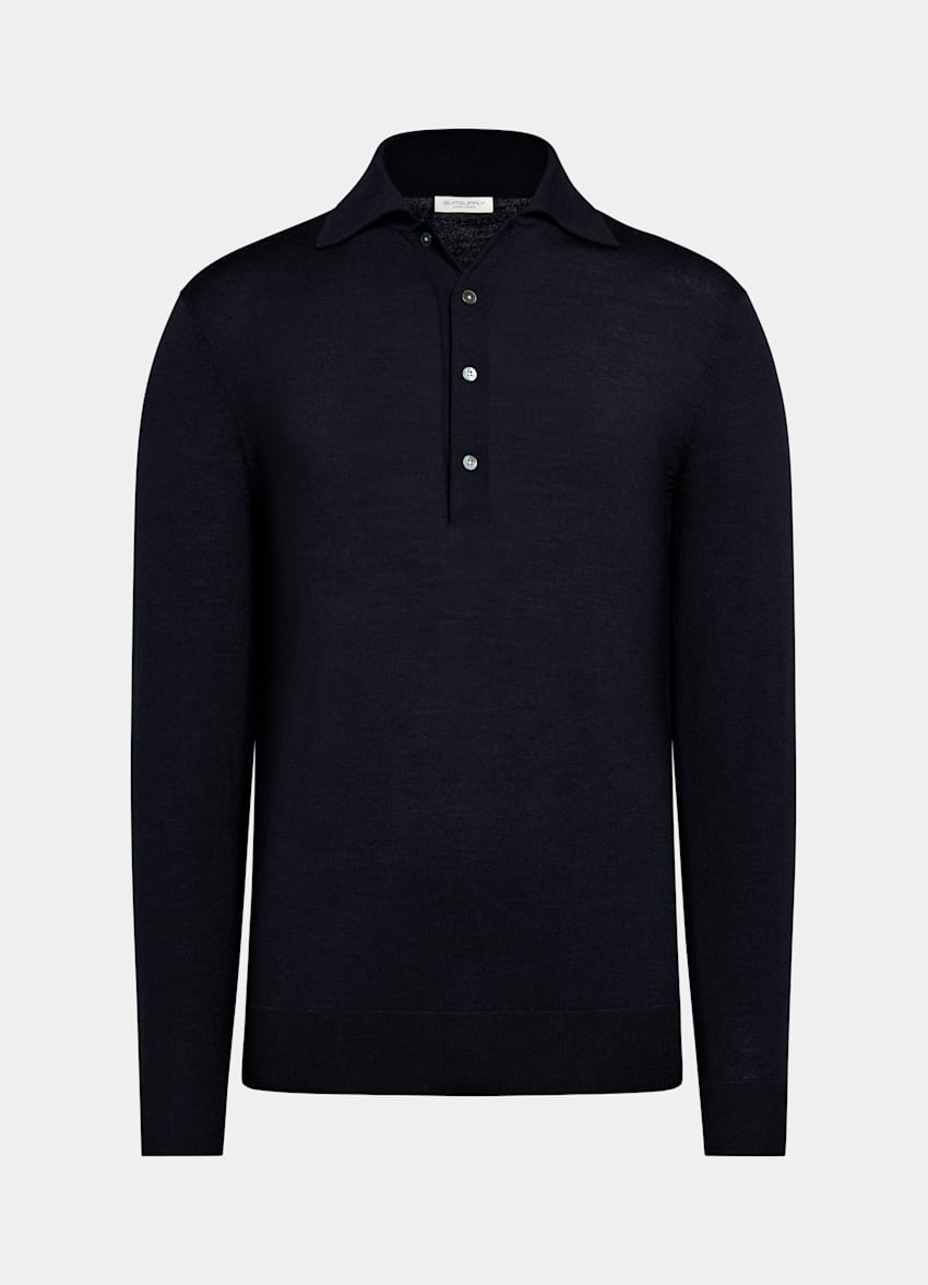 SUITSUPPLY Pure Wool Navy Merino Long Sleeve Polo