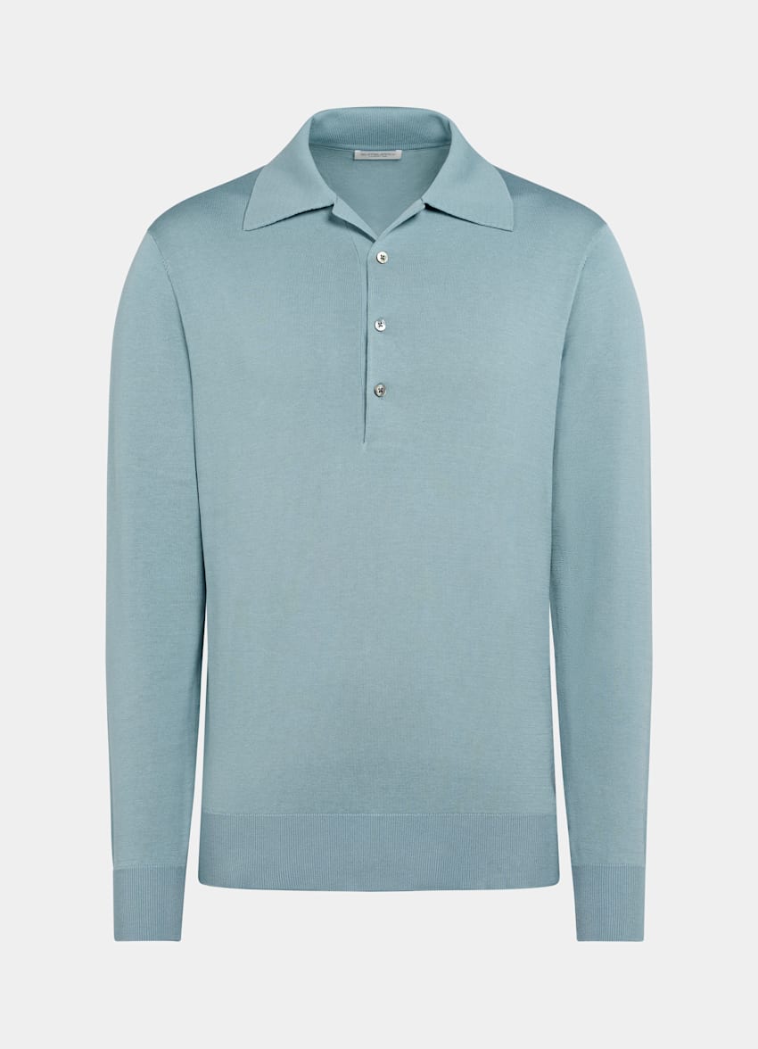 SUITSUPPLY Cotton Silk Light Blue Long Sleeve Polo