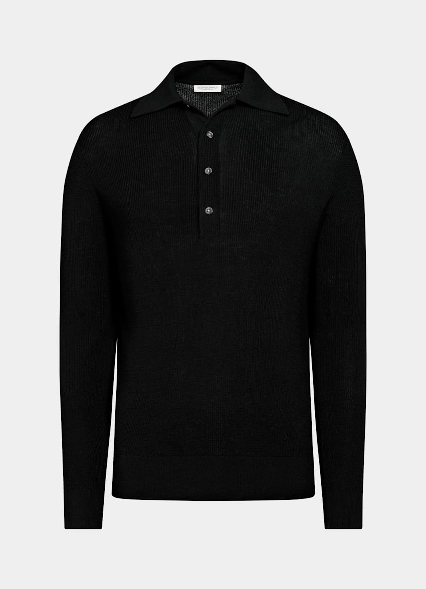 SUITSUPPLY Pure Wool Black Ribbed Merino Long Sleeve Polo