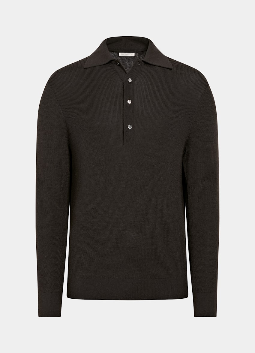 SUITSUPPLY Pura lana Polo in merino a maniche lunghe marrone scuro a coste