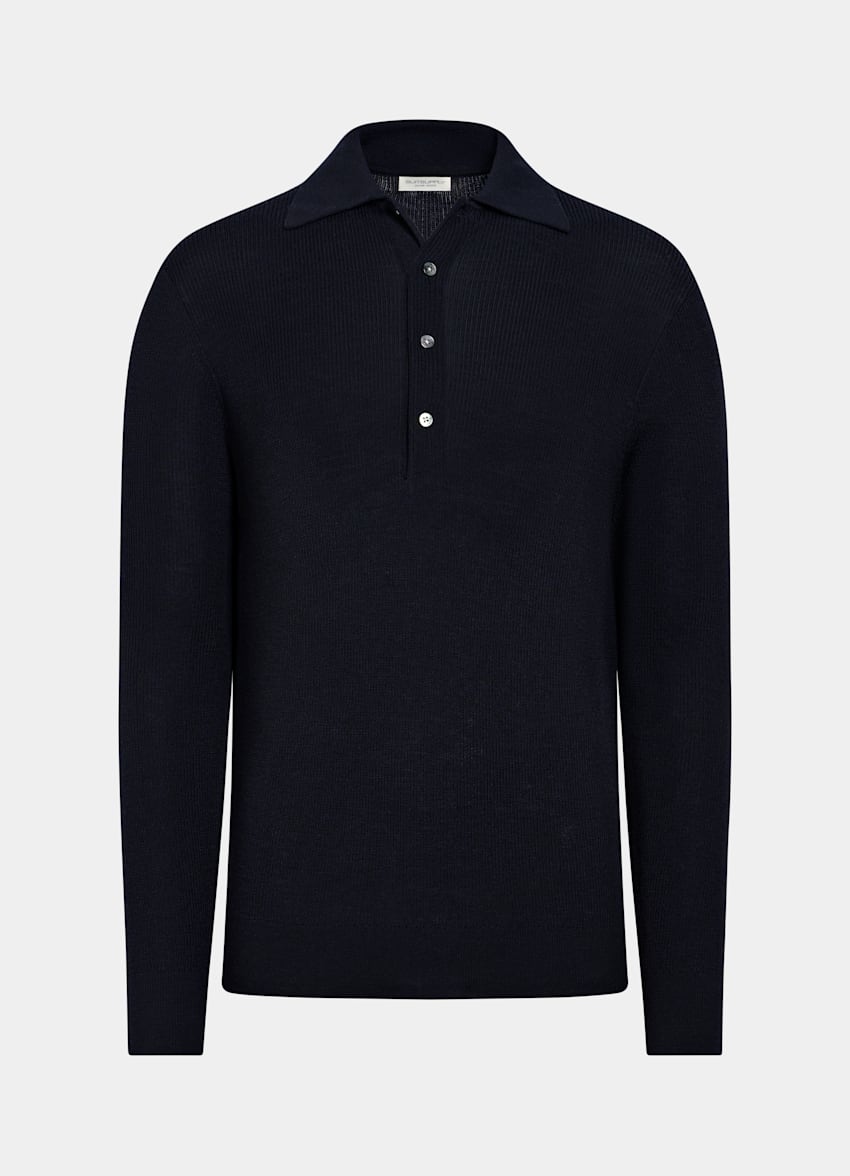 SUITSUPPLY Pure Wool Navy Ribbed Merino Long Sleeve Polo