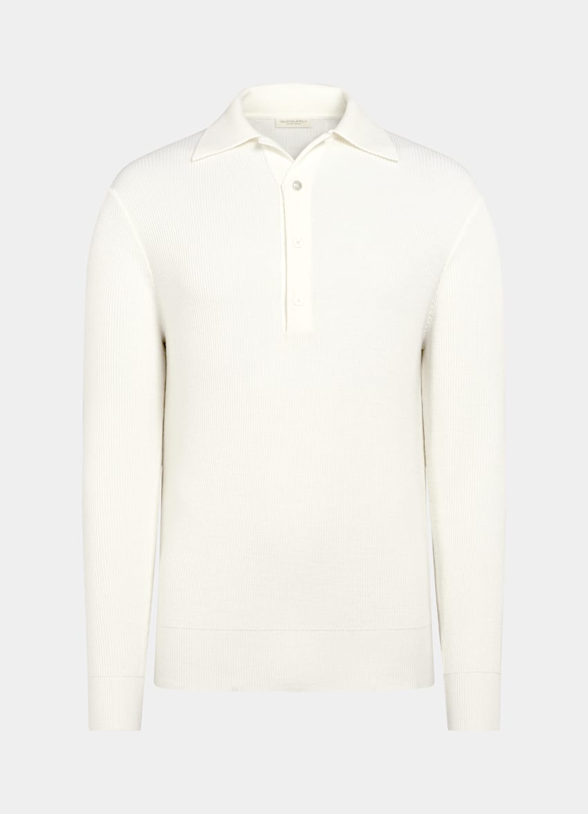 SUITSUPPLY Pure Wool Off-White Ribbed Merino Long Sleeve Polo