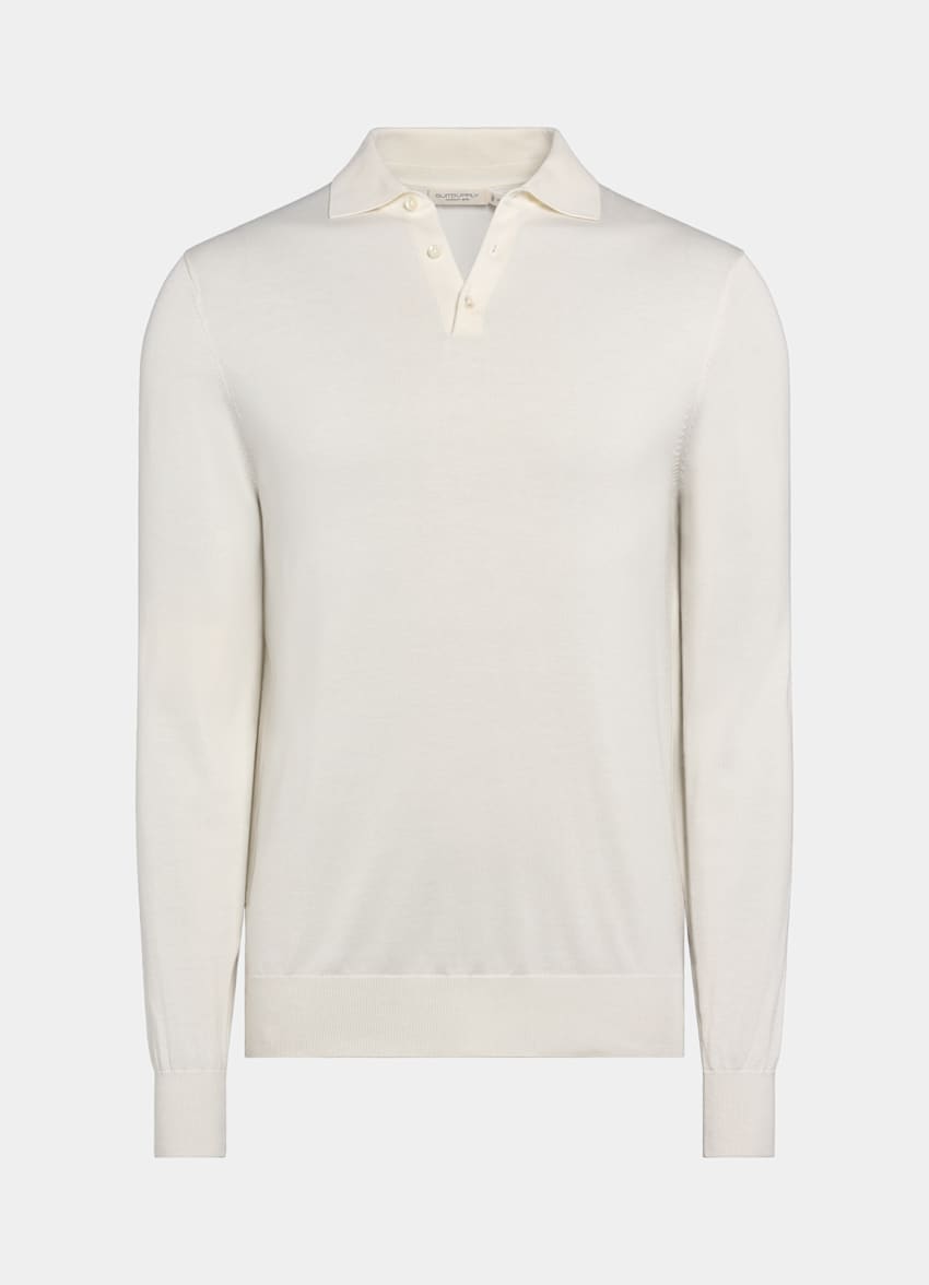 SUITSUPPLY Californian Cotton & Mulberry Silk Off-White Long Sleeve Polo