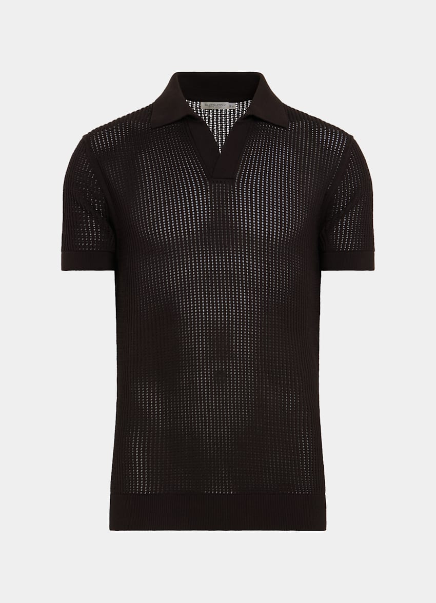 Dark Brown Crochet Polo Shirt in Pure Cotton | SUITSUPPLY US