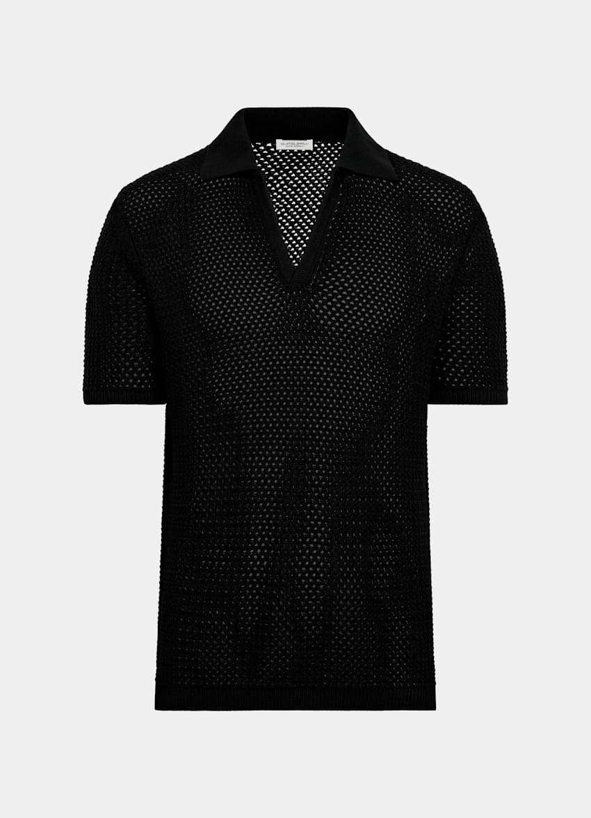 SUITSUPPLY Pure Cotton Black Crochet Buttonless Polo