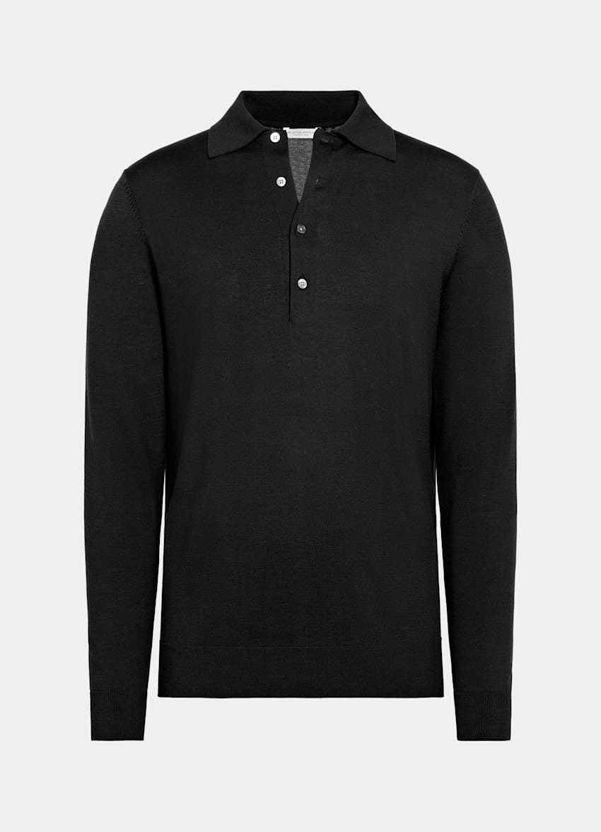 SUITSUPPLY Californian Cotton & Mulberry Silk Black Long Sleeve Polo