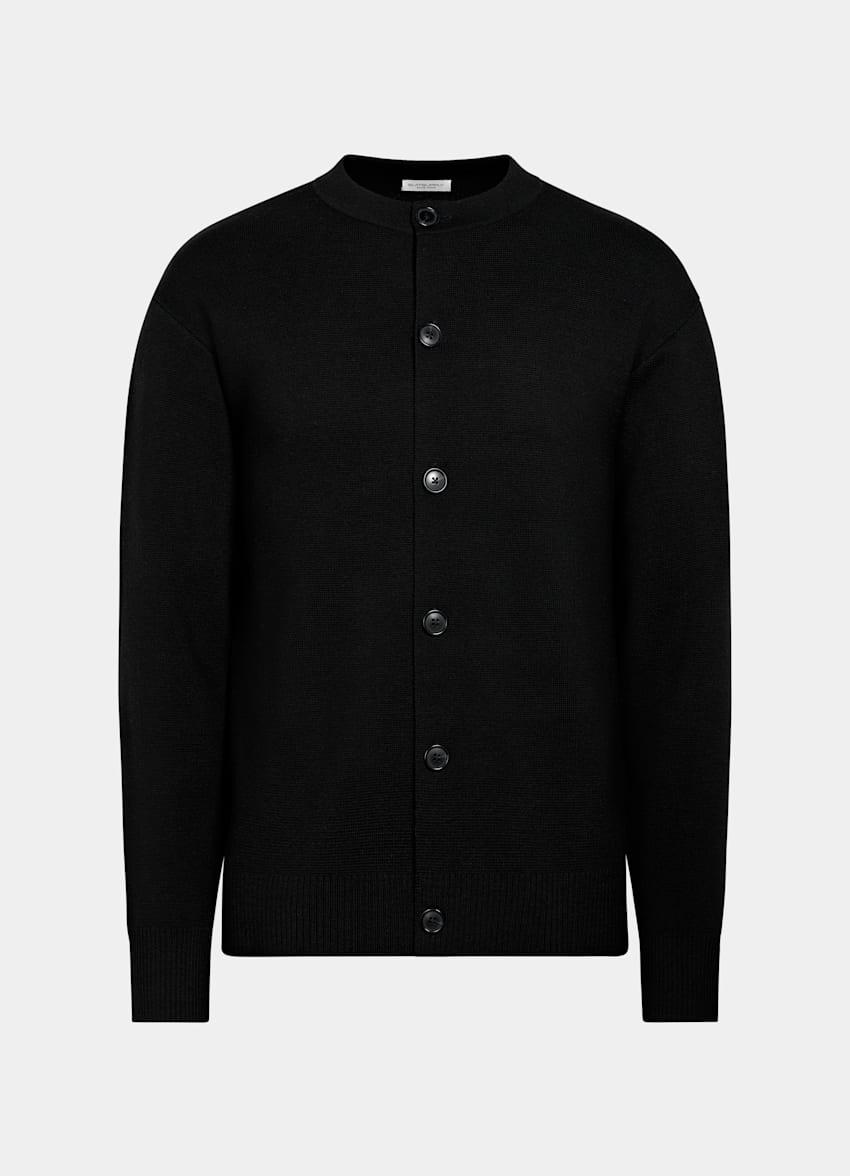 SUITSUPPLY Pure Wool Black Merino Crewneck Cardigan