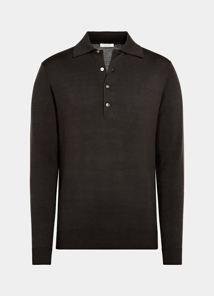 SUITSUPPLY Californian Cotton & Mulberry Silk Dark Brown Long Sleeve Polo