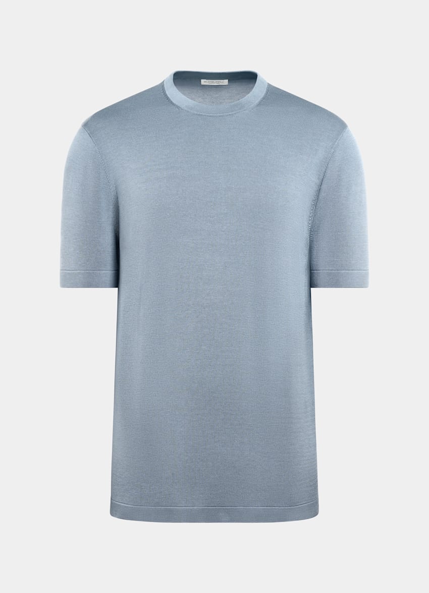 SUITSUPPLY Cotton Silk Light Blue Short Sleeve Crewneck