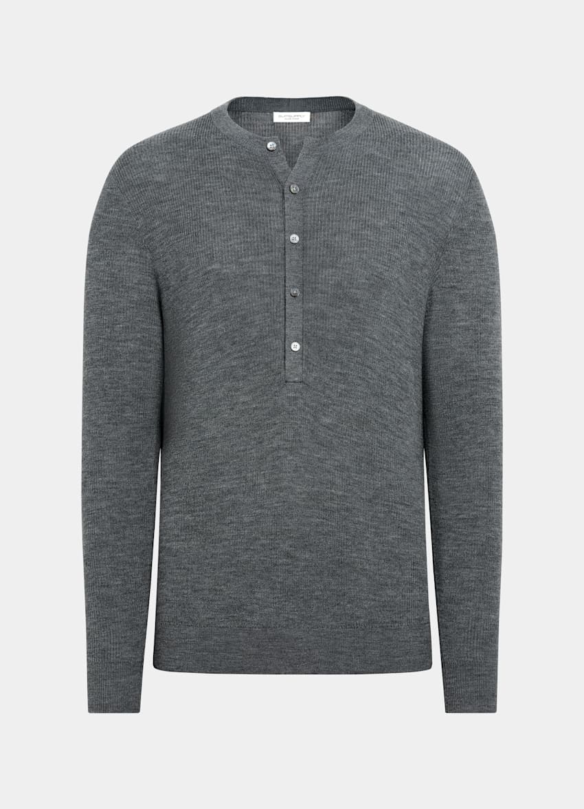 SUITSUPPLY Pure laine Henley côtelé gris moyen