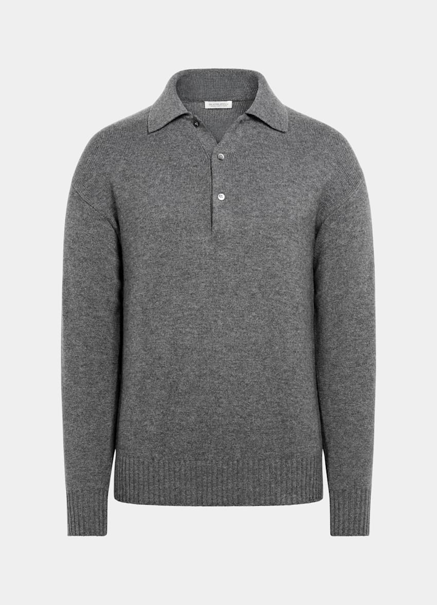 SUITSUPPLY Pure Cashmere Mid Grey Long Sleeve Polo