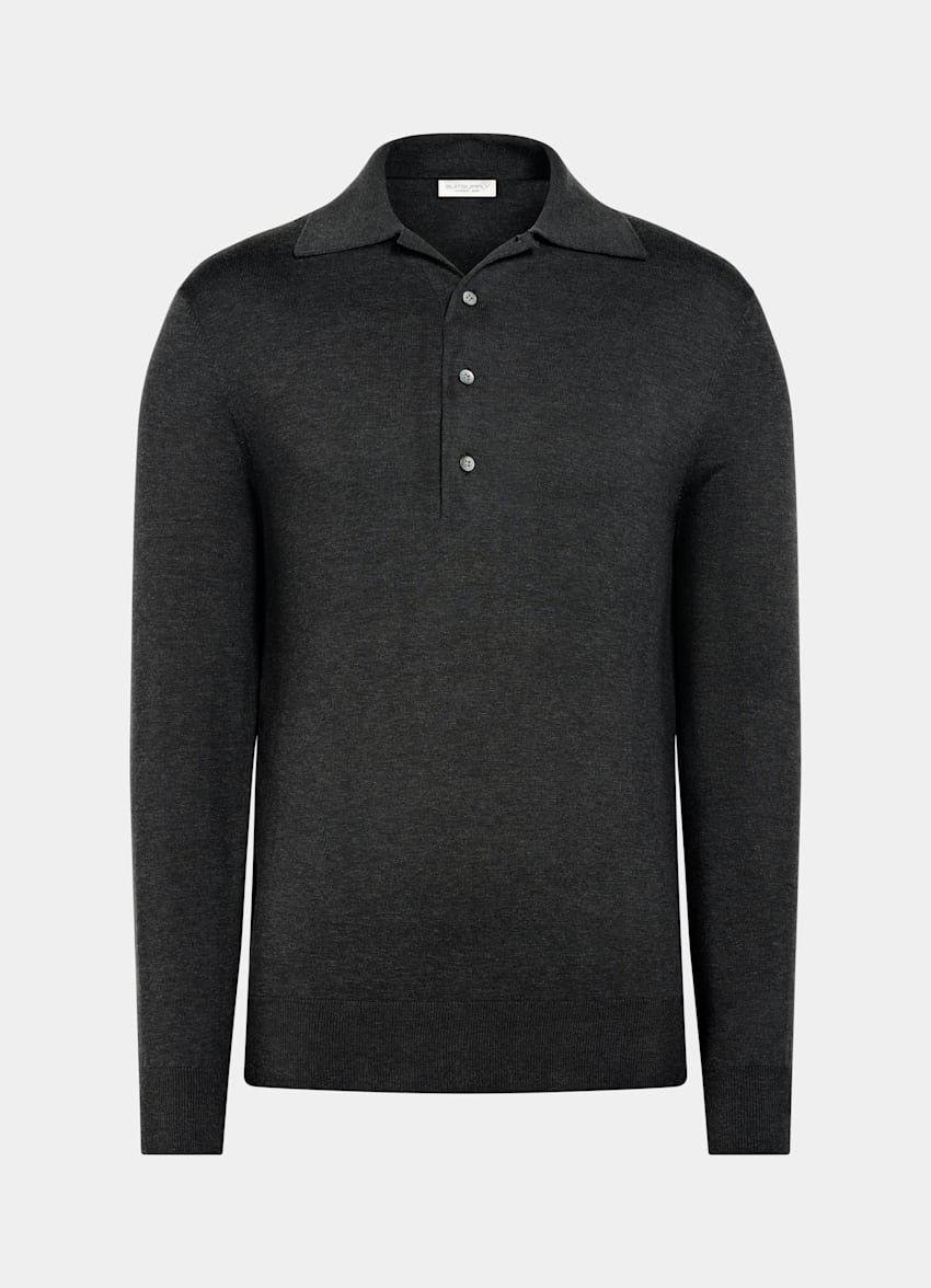 SUITSUPPLY Cotton Silk Dark Grey Long Sleeve Polo