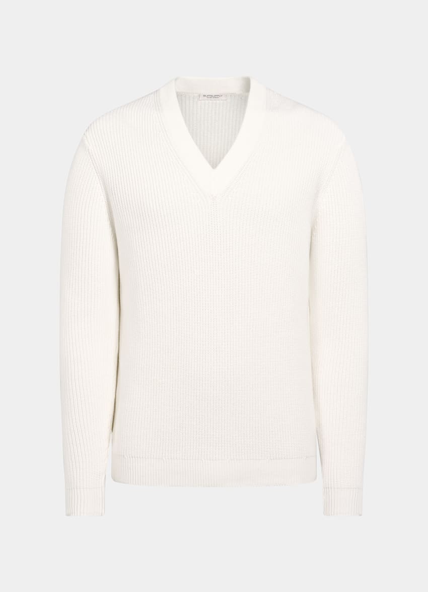SUITSUPPLY Pure Cotton Off-White Ribbed V-Neck