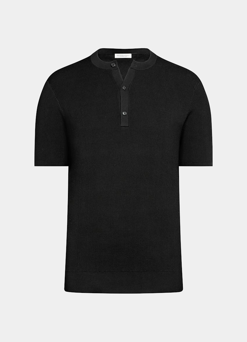 SUITSUPPLY Cotton Silk Black Short Sleeve Henley