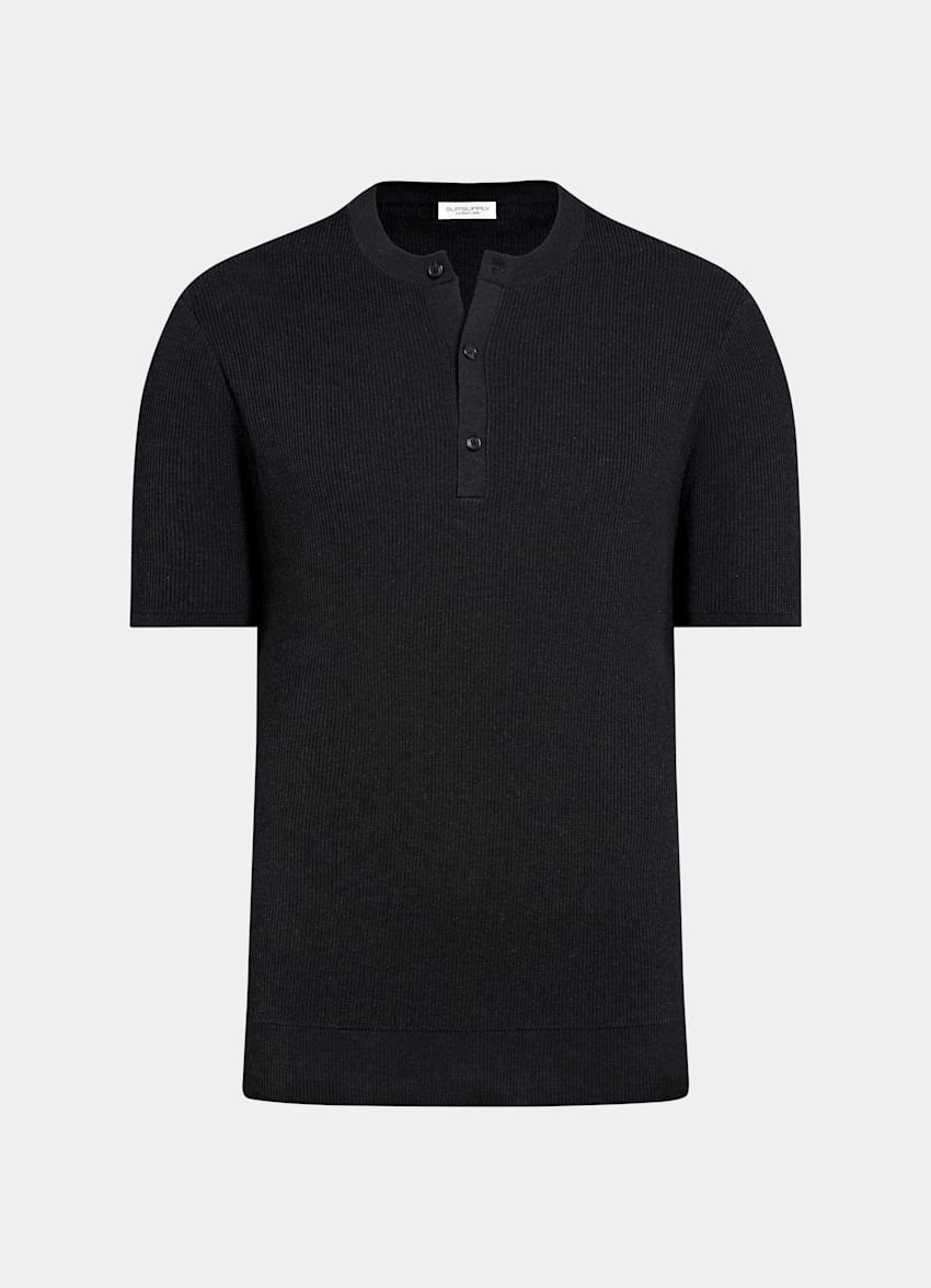 SUITSUPPLY Cotton Silk Dark Grey Ribbed Short Sleeve Henley