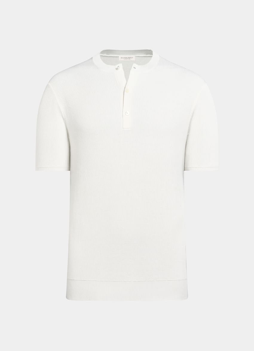 SUITSUPPLY Cotton Silk Off-White Ribbed Short Sleeve Henley