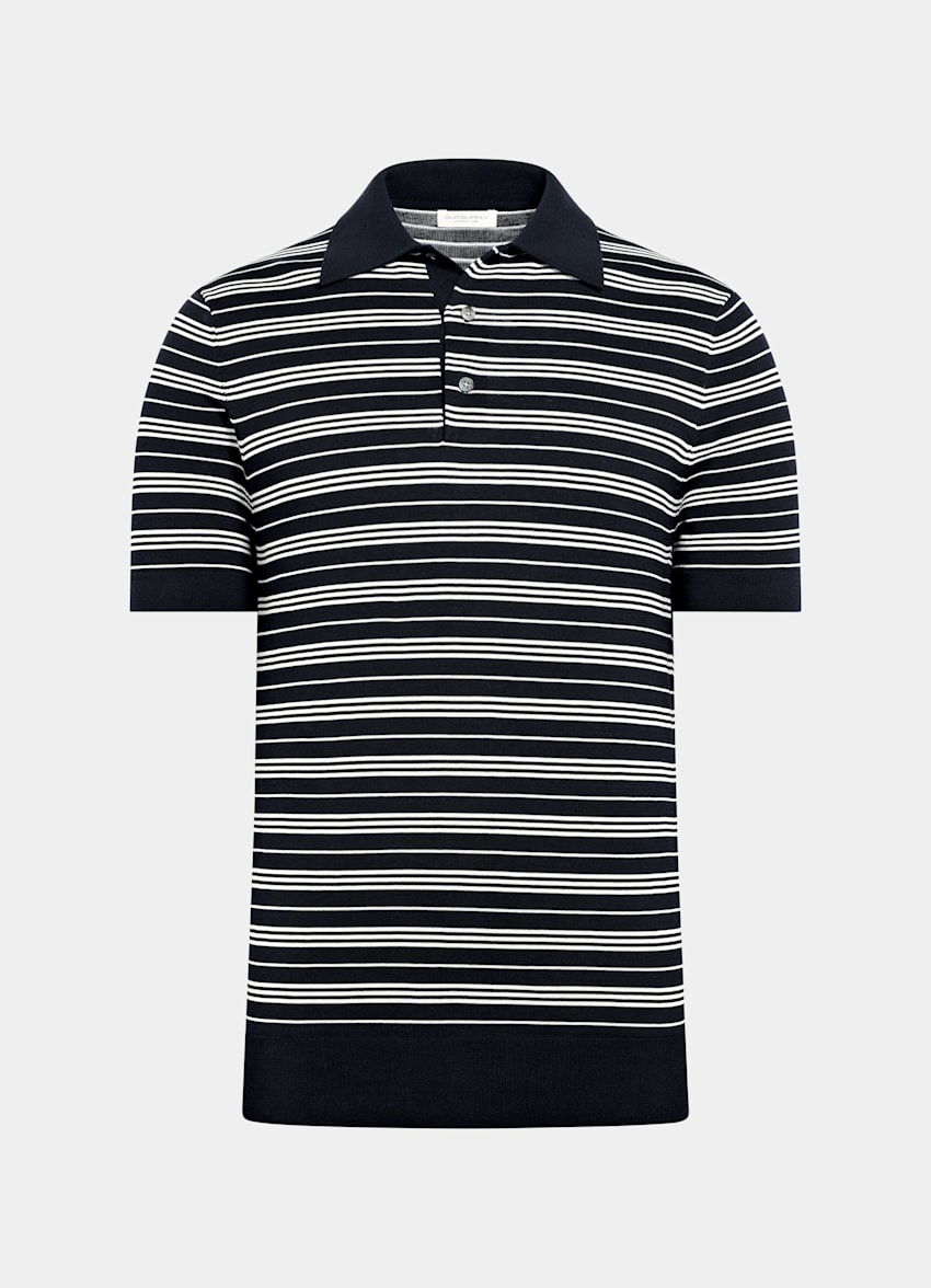SUITSUPPLY Katoen-zijde Navy Gestreept Poloshirt