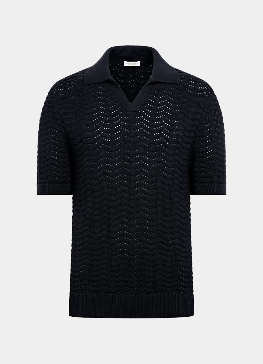 SUITSUPPLY Katoen-zijde Navy Crochet Poloshirt Zonder Knopen