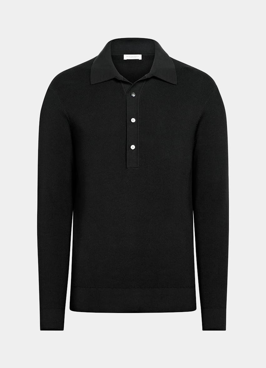 SUITSUPPLY Cotton Silk Black Ribbed Long Sleeve Polo