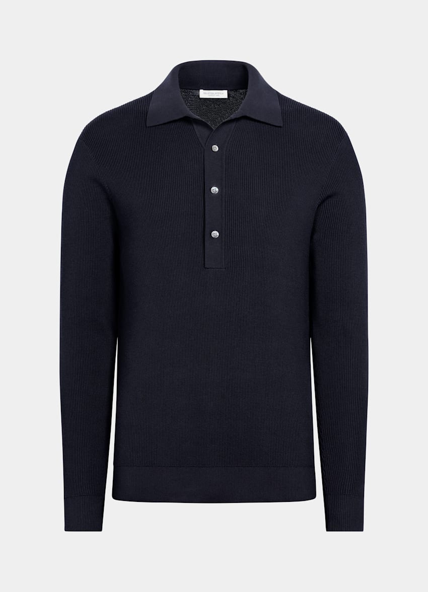 SUITSUPPLY Cotton Silk Navy Ribbed Long Sleeve Polo
