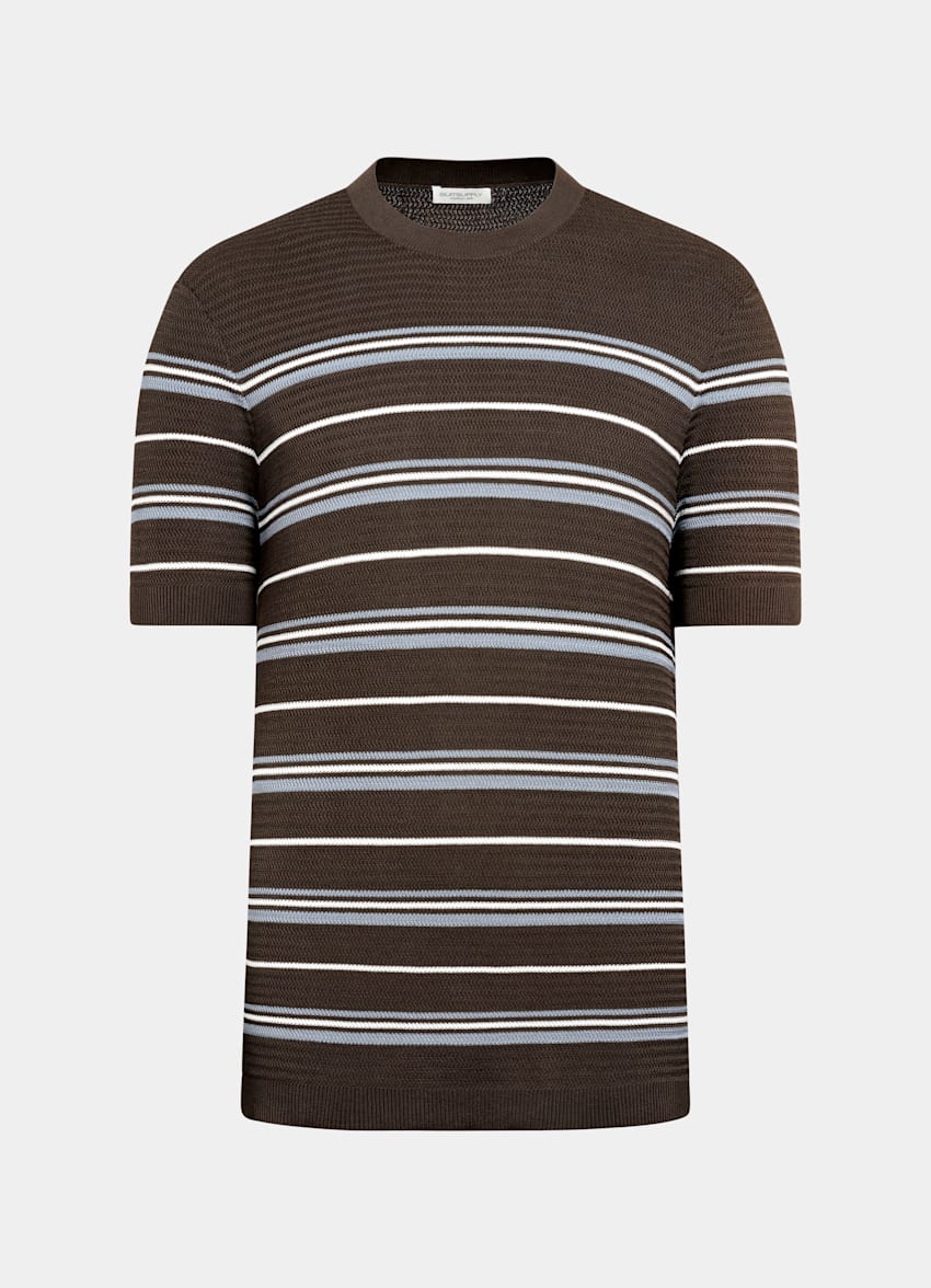 SUITSUPPLY Cotton Silk Mid Brown Striped Jacquard Short Sleeve Crewneck