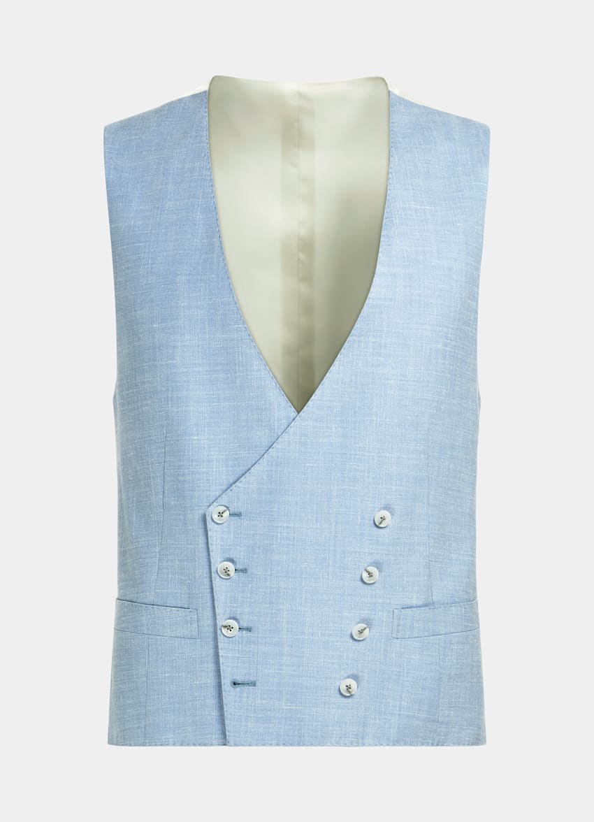 SUITSUPPLY Summer Wool Silk Linen by E.Thomas, Italy Light Blue Three-Piece Tailored Fit Havana Suit