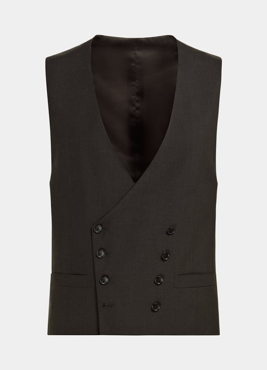 SUITSUPPLY Summer Wool Silk Linen by Rogna, Italy Dark Brown Three-Piece Tailored Fit Havana Suit