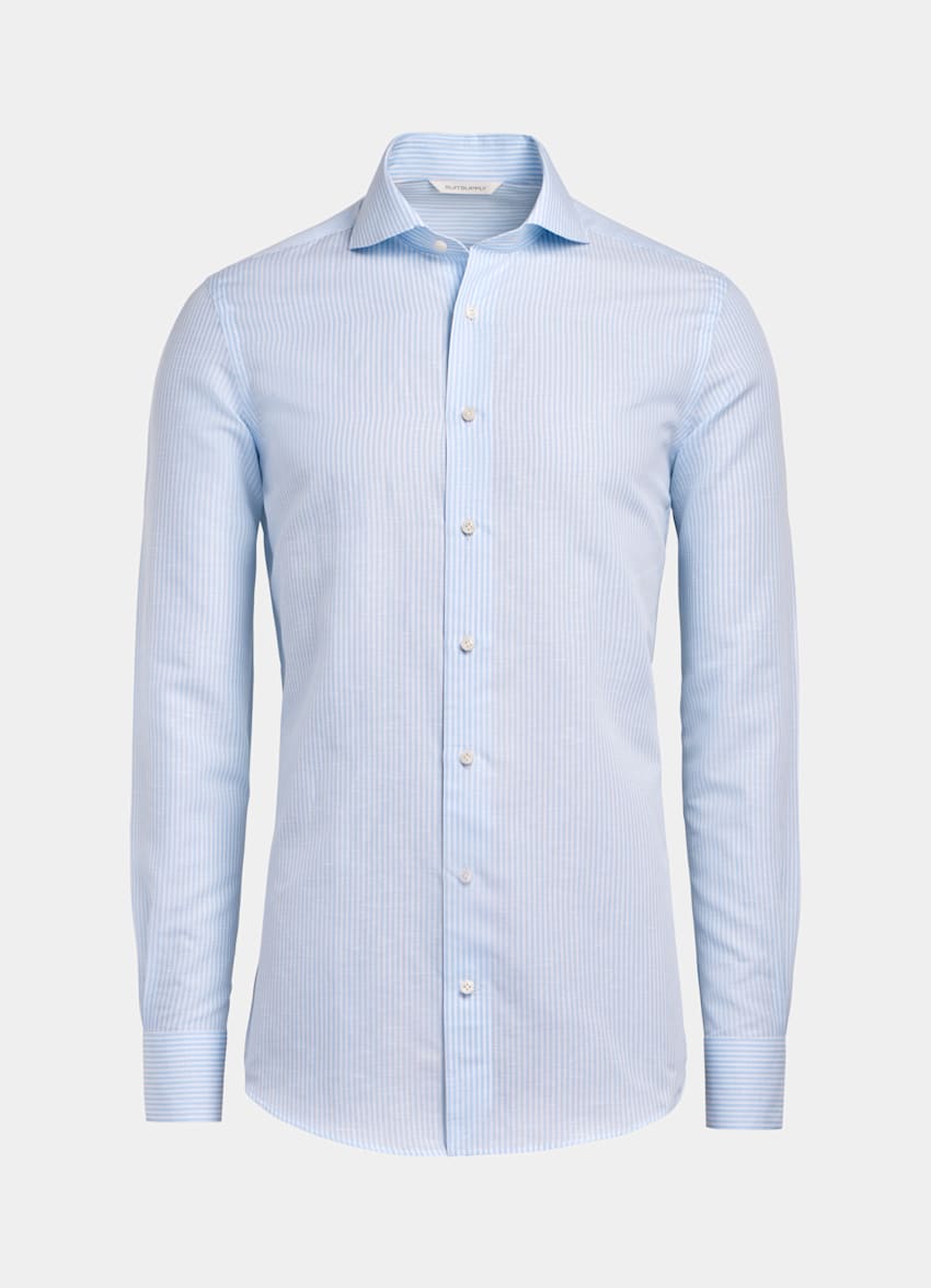 SUITSUPPLY 意大利 Albini 生产的棉、亚麻面料 浅蓝色条纹府绸特别修身剪裁衬衫